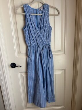 Sleeveless Blue Striped wrapped, wide leg romper